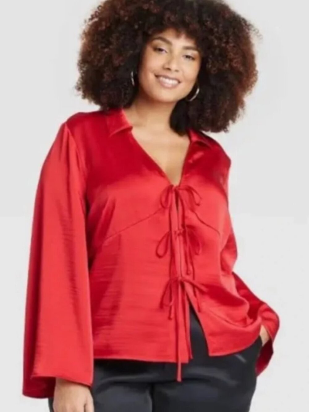 NEW w/Tags A New Day Long-Sleeved Front Tie Satin Blouse - Red